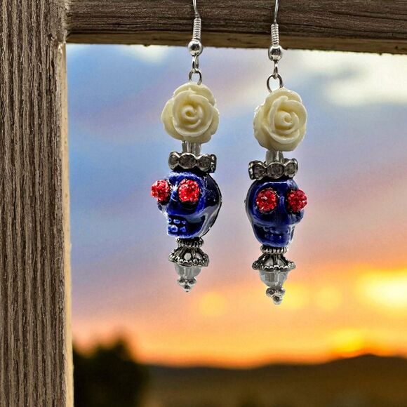 Navy Skull Day of the Dead/Dia de Muertos Dangle Earrings Halloween Jewelry - Picture 2 of 6